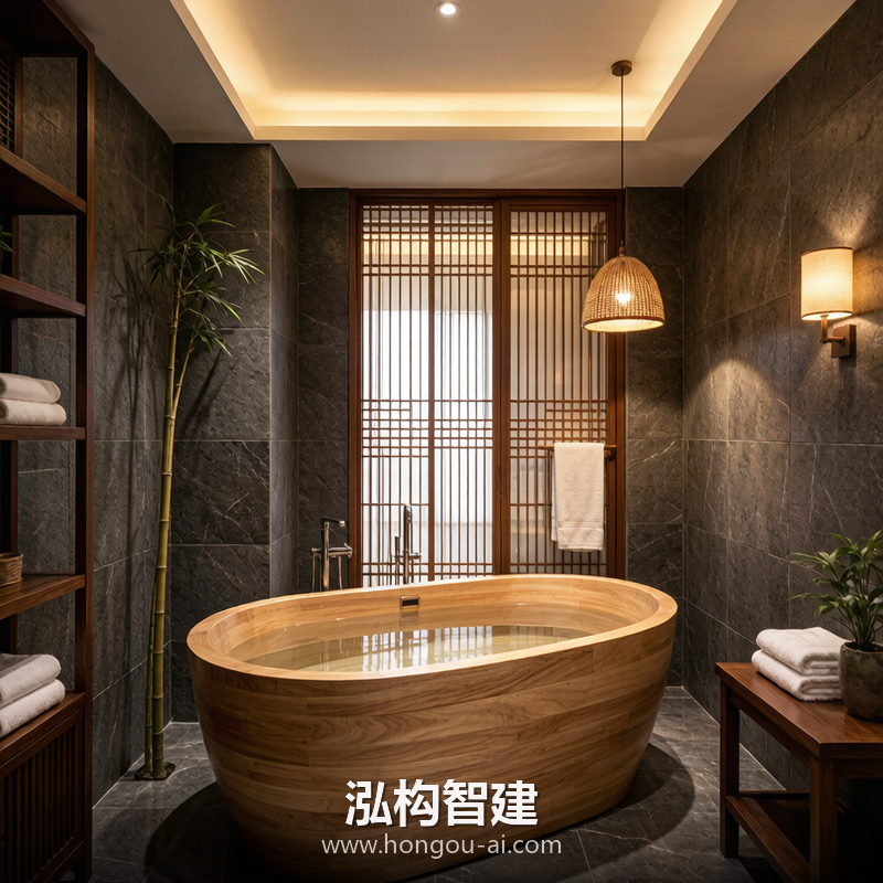 新中式别墅装修效果图 - 别墅卫生间装修 - 泓构智建别墅设计案例