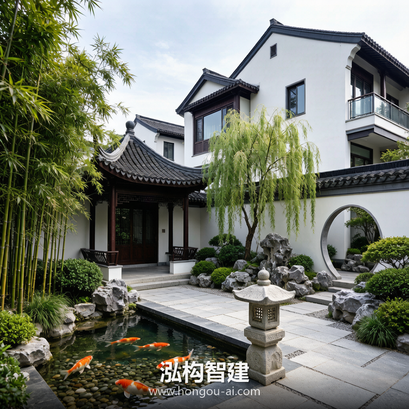 新中式别墅装修效果图 - 别墅庭院设计 - 泓构智建别墅设计案例