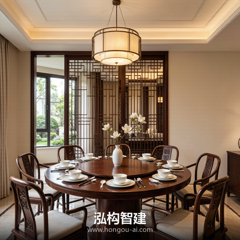 新中式别墅装修效果图 - 别墅餐厅设计 - 泓构智建别墅设计案例