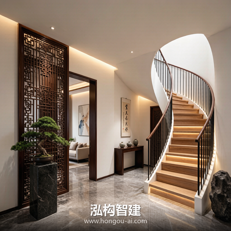 新中式别墅装修效果图 - 别墅装修设计 - 泓构智建别墅设计案例