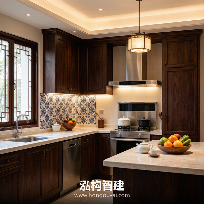 新中式别墅装修效果图 - 别墅厨房设计 - 泓构智建别墅设计案例
