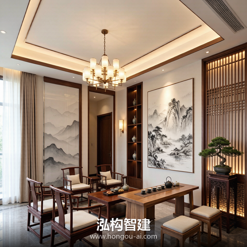 新中式别墅装修效果图 - 别墅客厅装修 - 泓构智建别墅设计案例