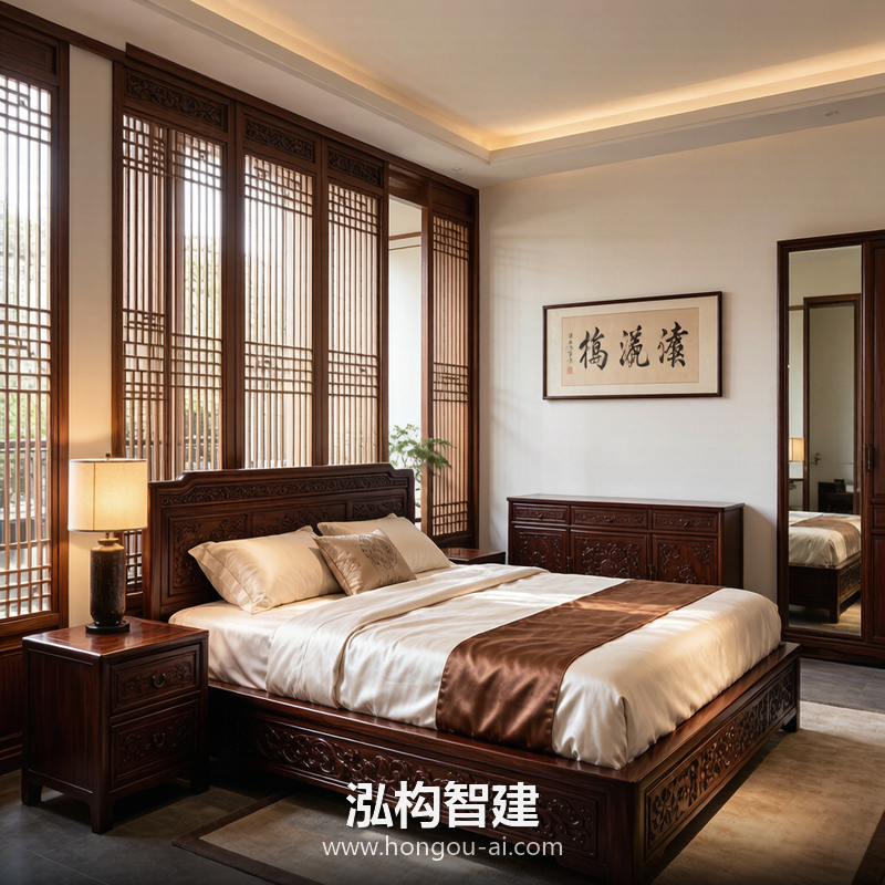 新中式别墅装修效果图 - 别墅主卧设计 - 泓构智建别墅设计案例