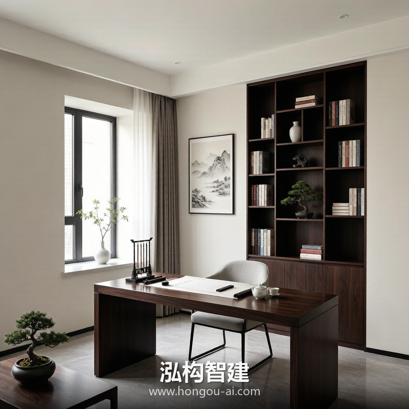 新中式别墅装修效果图 - 别墅书房装修 - 泓构智建别墅设计案例