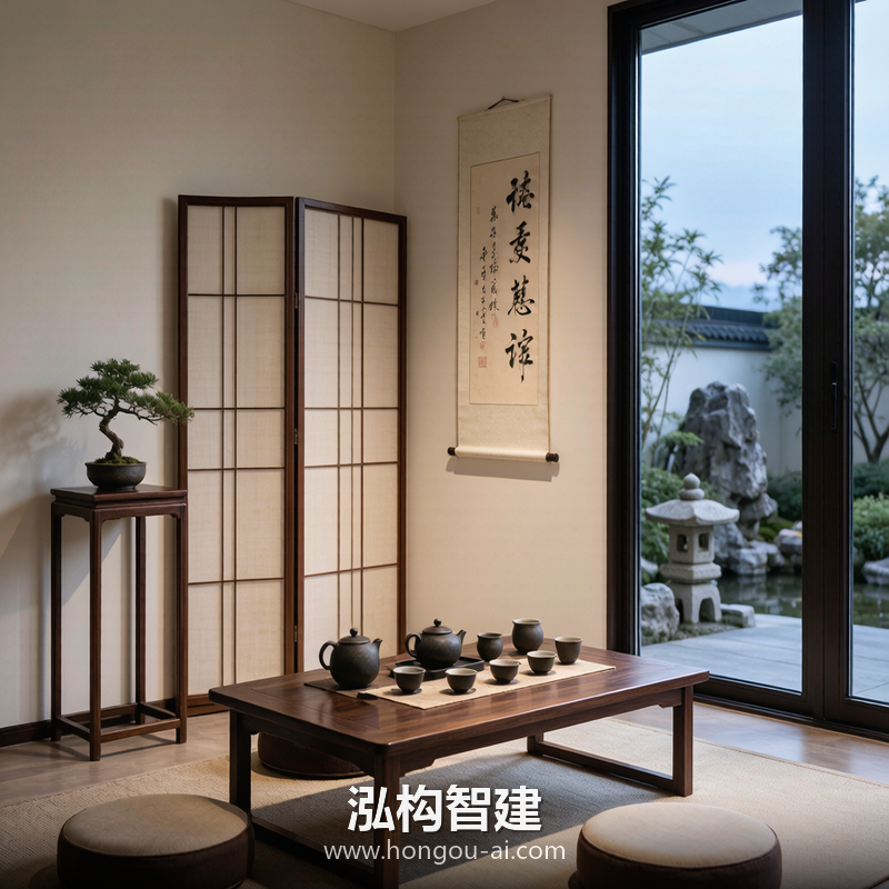 新中式别墅装修效果图 - 别墅茶室设计 - 泓构智建别墅设计案例