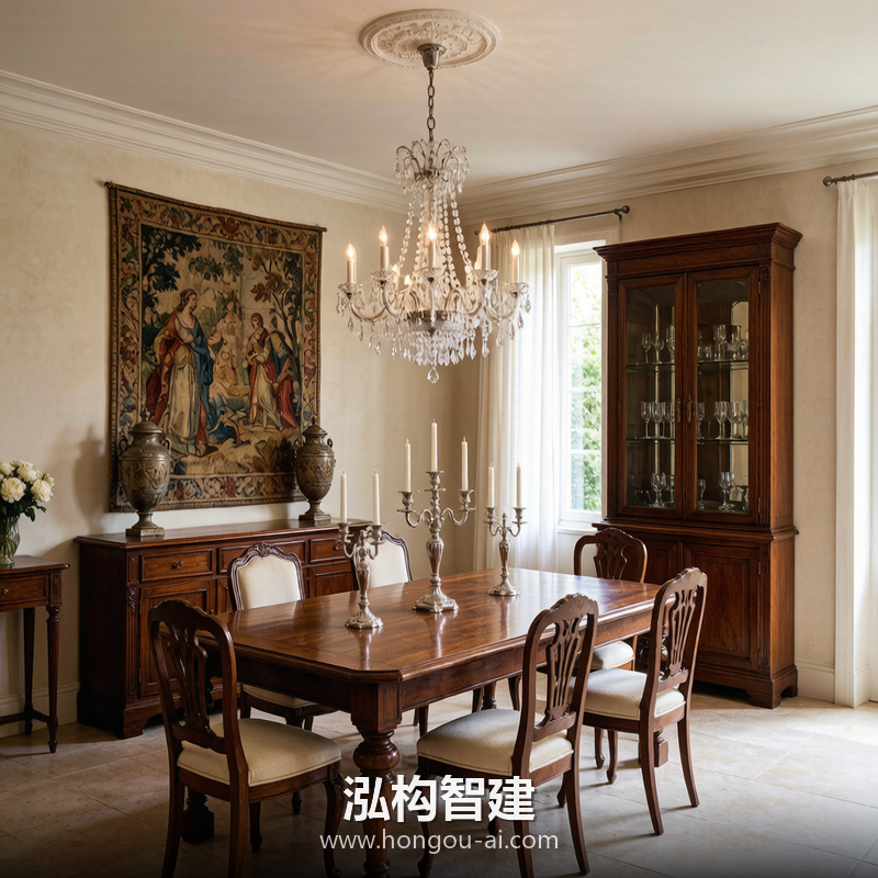 法式古典别墅装修效果图 - 别墅餐厅设计 - 泓构智建别墅设计案例