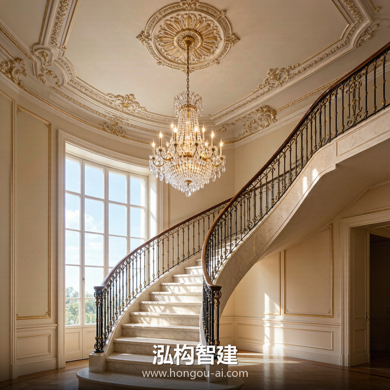 法式古典别墅装修效果图 - 别墅楼梯设计 - 泓构智建别墅设计案例