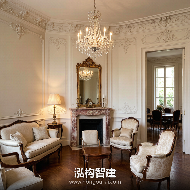 法式古典别墅装修效果图 - 别墅客厅装修 - 泓构智建别墅设计案例