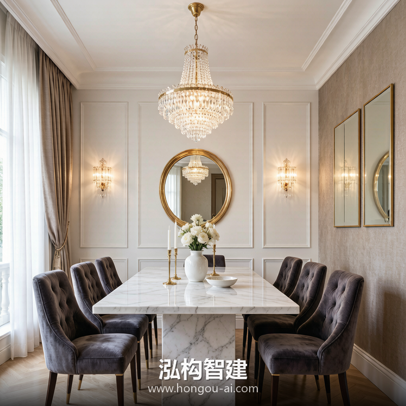 轻奢别墅装修效果图 - 别墅餐厅设计 - 泓构智建别墅设计案例