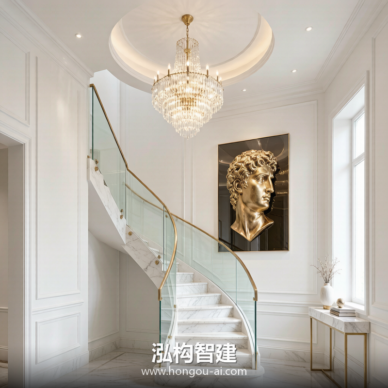 轻奢别墅装修效果图 - 别墅玄关楼梯设计 - 泓构智建别墅设计案例