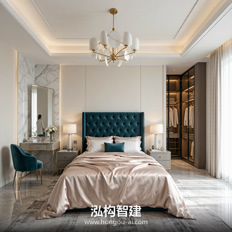 轻奢别墅装修效果图 - 别墅主卧设计 - 泓构智建别墅设计案例
