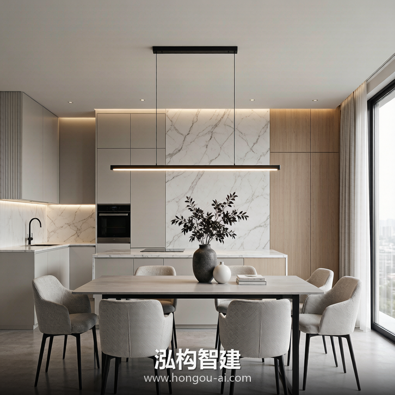 现代简约别墅装修效果图 - 别墅餐厅设计 - 泓构智建别墅设计案例